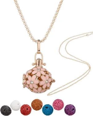 Essential Oil Diffuser Necklace Pink Chrysanthemum Rhinestones Copper Aromatherapy Pendant Locket with 7pcs Lave Rocks Stone and 2pcs 27 Inch Gold Chain Jewelry for Women TeenGirls