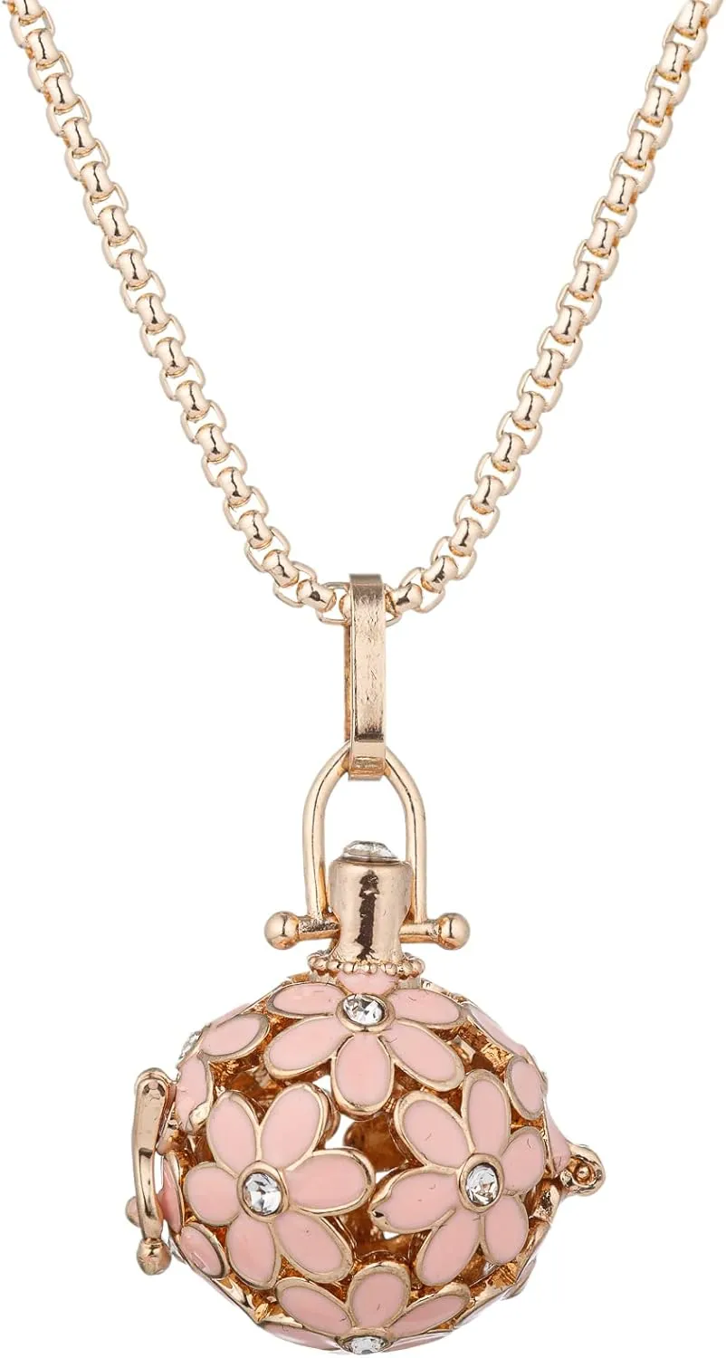 Essential Oil Diffuser Necklace Pink Chrysanthemum Rhinestones Copper Aromatherapy Pendant Locket with 7pcs Lave Rocks Stone and 2pcs 27 Inch Gold Chain Jewelry for Women TeenGirls