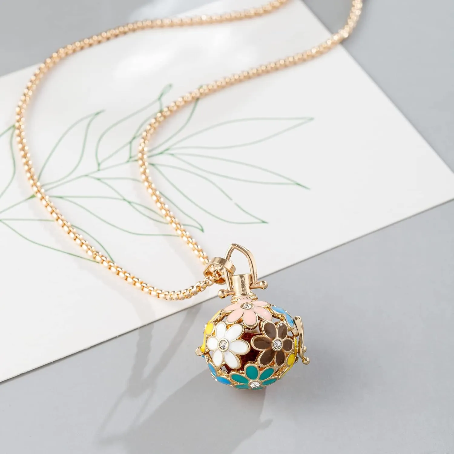 Essential Oil Diffuser Necklace Pink Chrysanthemum Rhinestones Copper Aromatherapy Pendant Locket with 7pcs Lave Rocks Stone and 2pcs 27 Inch Gold Chain Jewelry for Women TeenGirls