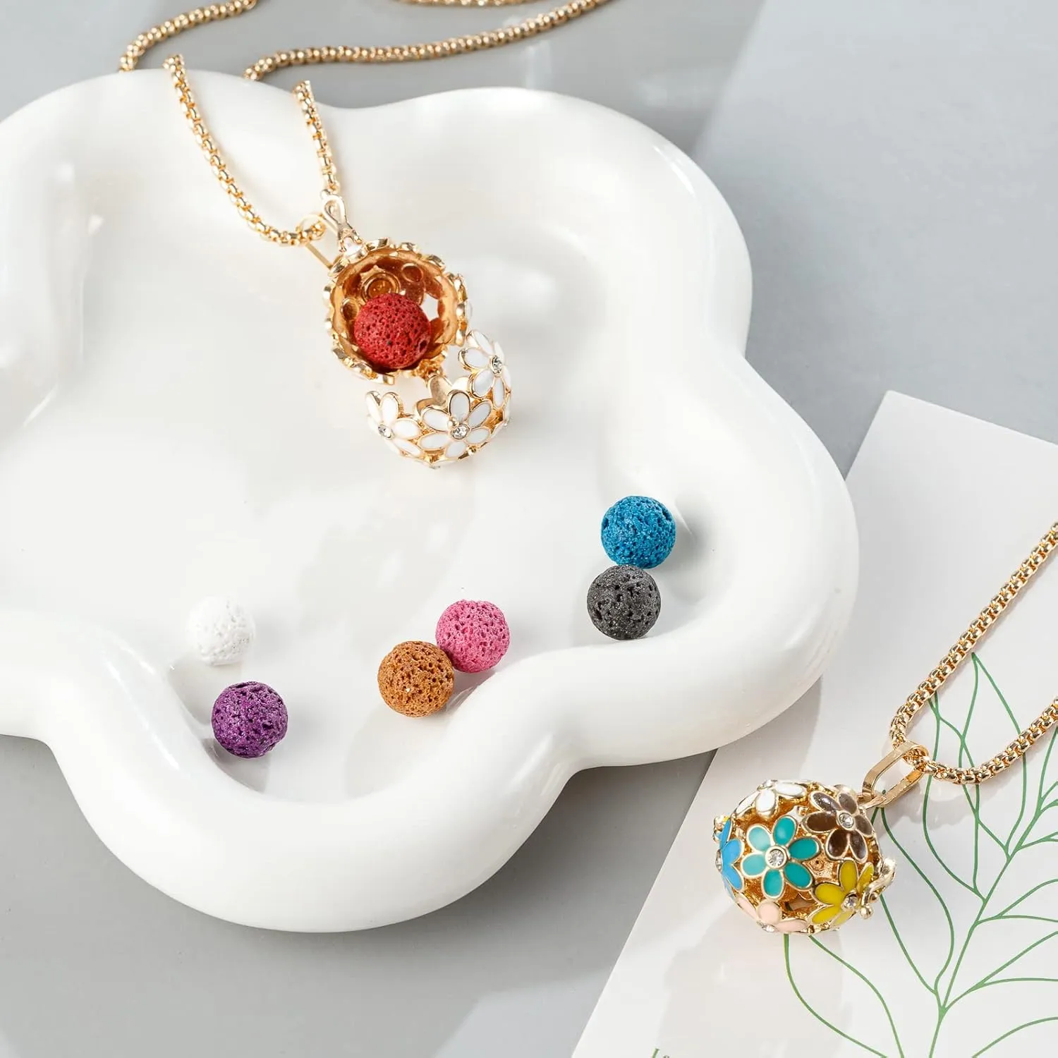 Essential Oil Diffuser Necklace Pink Chrysanthemum Rhinestones Copper Aromatherapy Pendant Locket with 7pcs Lave Rocks Stone and 2pcs 27 Inch Gold Chain Jewelry for Women TeenGirls