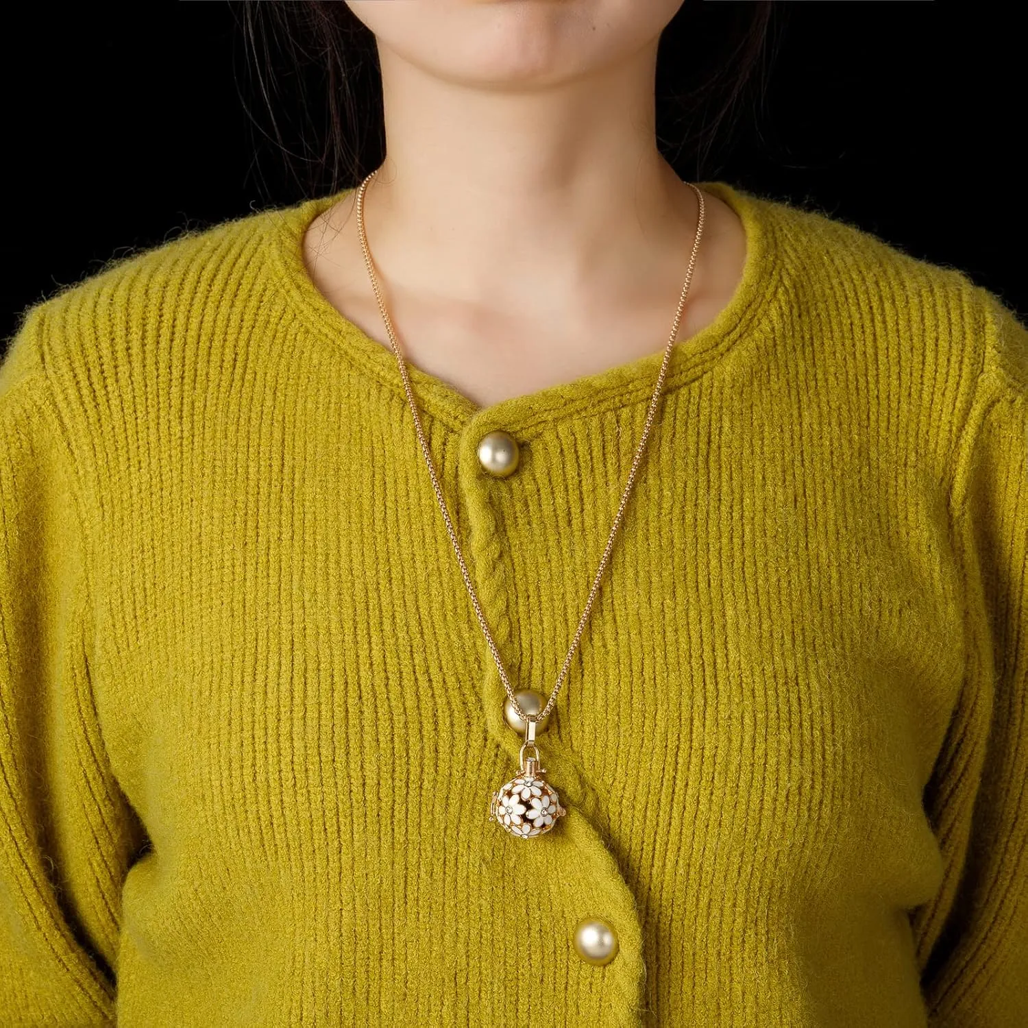Essential Oil Diffuser Necklace Pink Chrysanthemum Rhinestones Copper Aromatherapy Pendant Locket with 7pcs Lave Rocks Stone and 2pcs 27 Inch Gold Chain Jewelry for Women TeenGirls