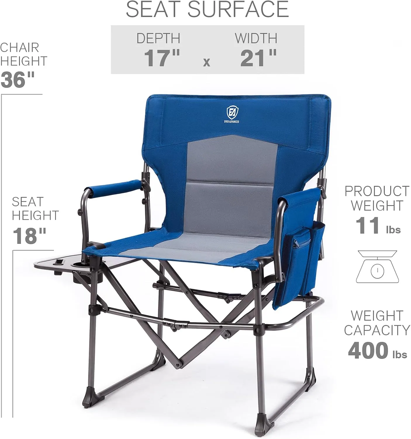 EVER ADVANCED Camping Directors' Chair with Side Table, Portable Folding with Compact Size, Heavy Duty Lawn Chair with Pocket for Camping, Lawn, Sports and Fishing, 400lbs, Blue