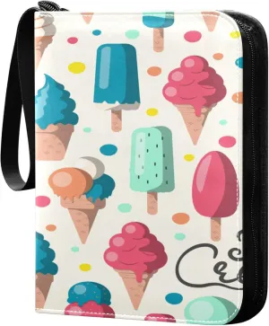 Exnundod 4 Pocket Trading Card Binder Colorful Ice Cream PU Leather Card Collection Binder Summer Cartoon Sports Card Binder 400 Cards Organizer Trading Card Albums for Cards