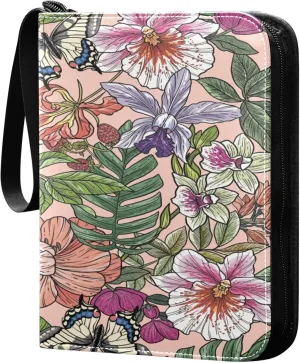 Exnundod Blooming Tropical Flowers Trading Card Binder for Cards, Colorful Card Album 4-Pockets for 400 Cards with Removable Sleeves PU Baseball Card Holder Football Sports Card Collection