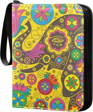 Exnundod Colorful Elephants Trading Card Binder for Cards, Ethnic Flower Card Album 4-Pockets for 400 Cards with Removable Sleeves PU Baseball Card Holder Football Sports Card C