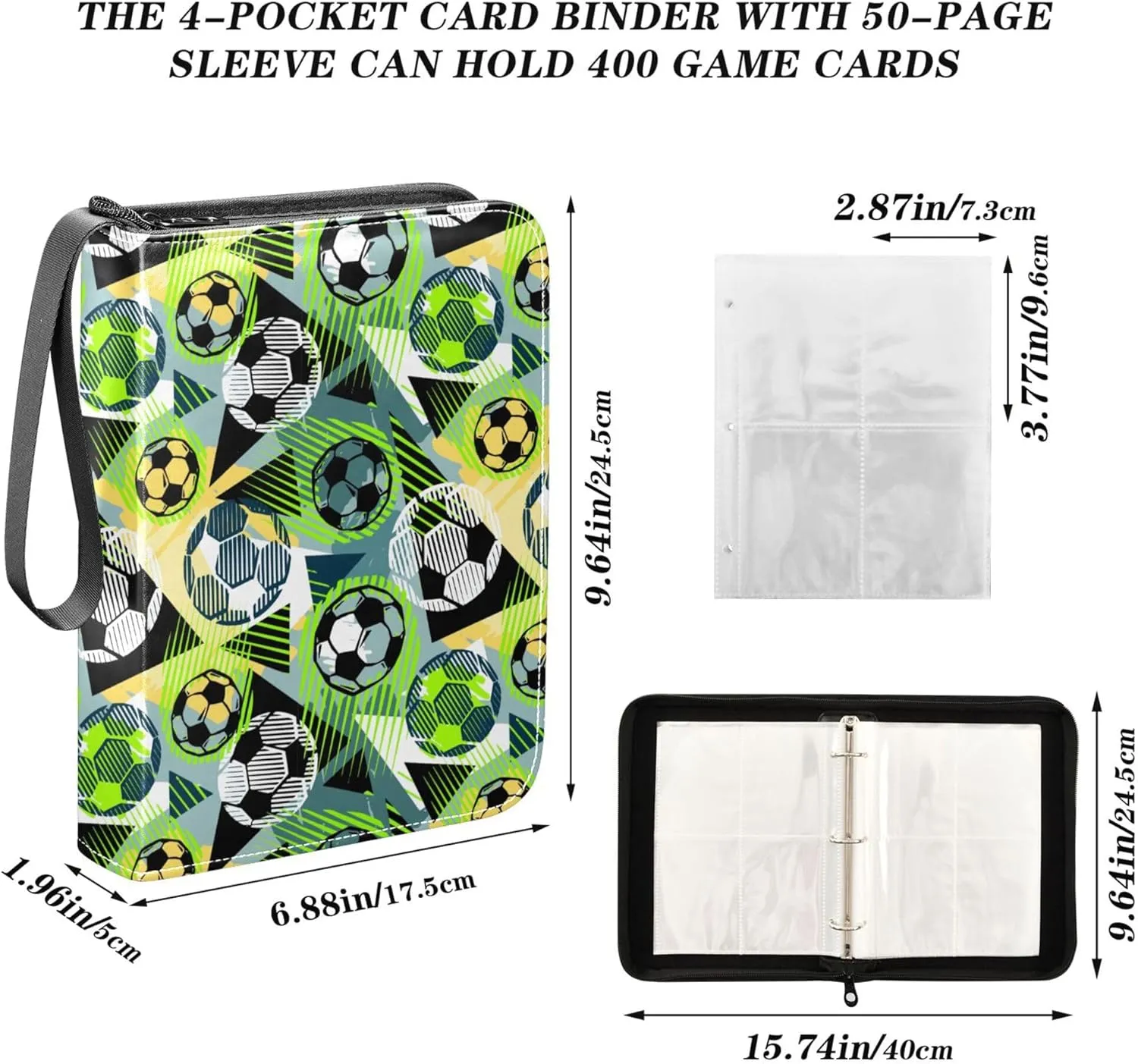 Exnundod Colorful Football Doodle Trading Card Binder for Cards, Cartoon Soccer Card Album 4-Pockets for 400 Cards with Removable Sleeves PU Baseball Card Holder Football Sports Card Collection