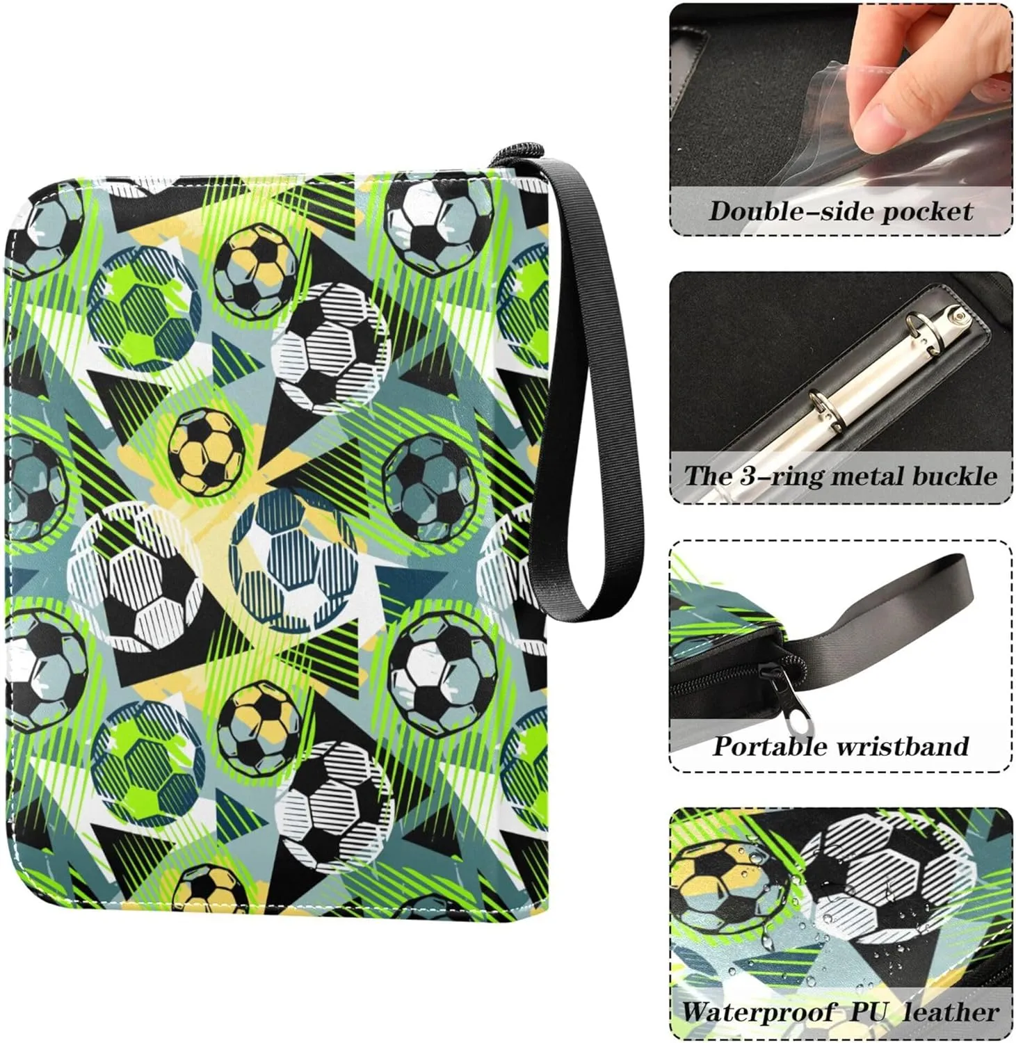 Exnundod Colorful Football Doodle Trading Card Binder for Cards, Cartoon Soccer Card Album 4-Pockets for 400 Cards with Removable Sleeves PU Baseball Card Holder Football Sports Card Collection