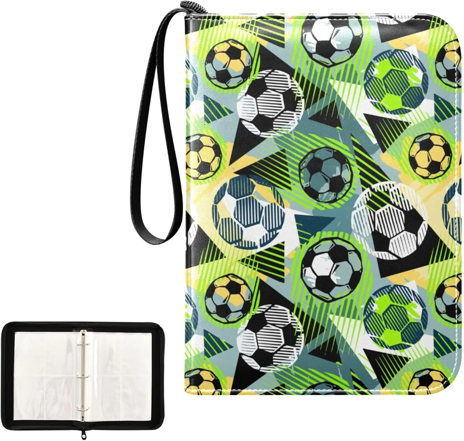 Exnundod Colorful Football Doodle Trading Card Binder for Cards, Cartoon Soccer Card Album 4-Pockets for 400 Cards with Removable Sleeves PU Baseball Card Holder Football Sports Card Collection