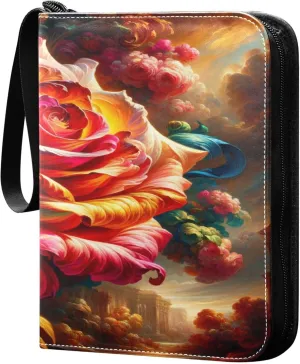 Exnundod Colorful Rose Elegant Trading Card Binder for Cards, Valentines Day Card Album 4-Pockets for 400 Cards with Removable Sleeves PU Baseball Card Holder Football Sports Card Collection