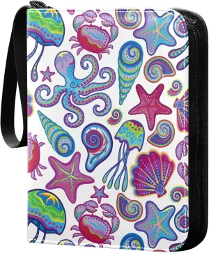 Exnundod Colorful Sea Animals Trading Card Binder for Cards, Ocean Card Album 4-Pockets for 400 Cards with Removable Sleeves PU Baseball Card Holder Football Sports Card Collection