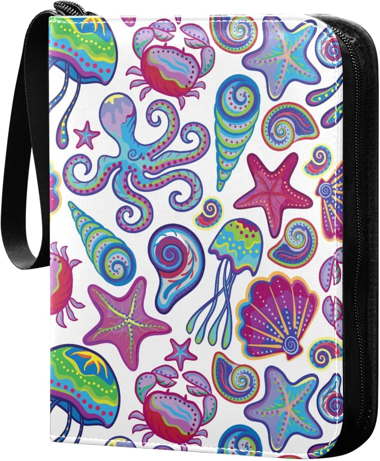 Exnundod Colorful Sea Animals Trading Card Binder for Cards, Ocean Card Album 4-Pockets for 400 Cards with Removable Sleeves PU Baseball Card Holder Football Sports Card Collection