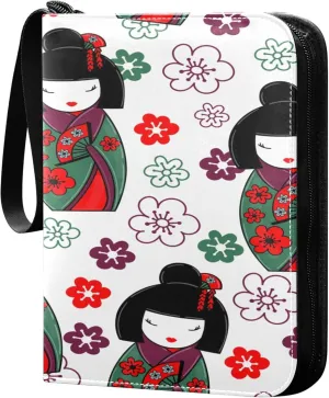Exnundod Cute Japanese Kokeshi Girl Trading Card Binder for Cards, Colorful Cherry Floral Card Album 4-Pockets for 400 Cards with Removable Sleeves PU Baseball Card Holder Football Sports Card Collec