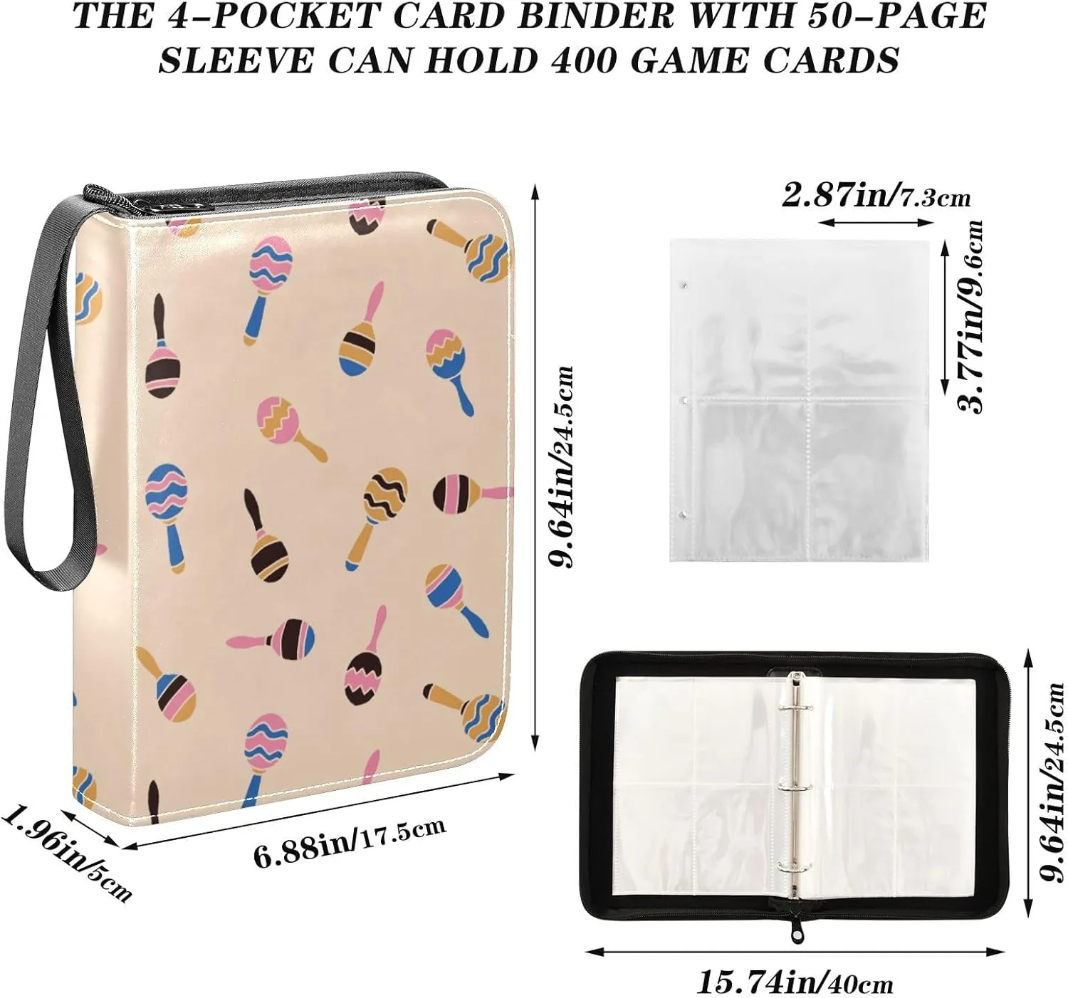 Exnundod Trading Card Binder for Cards Bunch Of Maracas Colorful Card Album 4-Pockets 400 Cards Removable Sleeves PU Baseball Card Holder Football Sports Card Collection