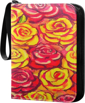 Exnundod Vintage Rose Flower Trading Card Binder for Cards, Oil Painting Card Album 4-Pockets for 400 Cards with Removable Sleeves PU Baseball Card Holder Football Sports Card Collection