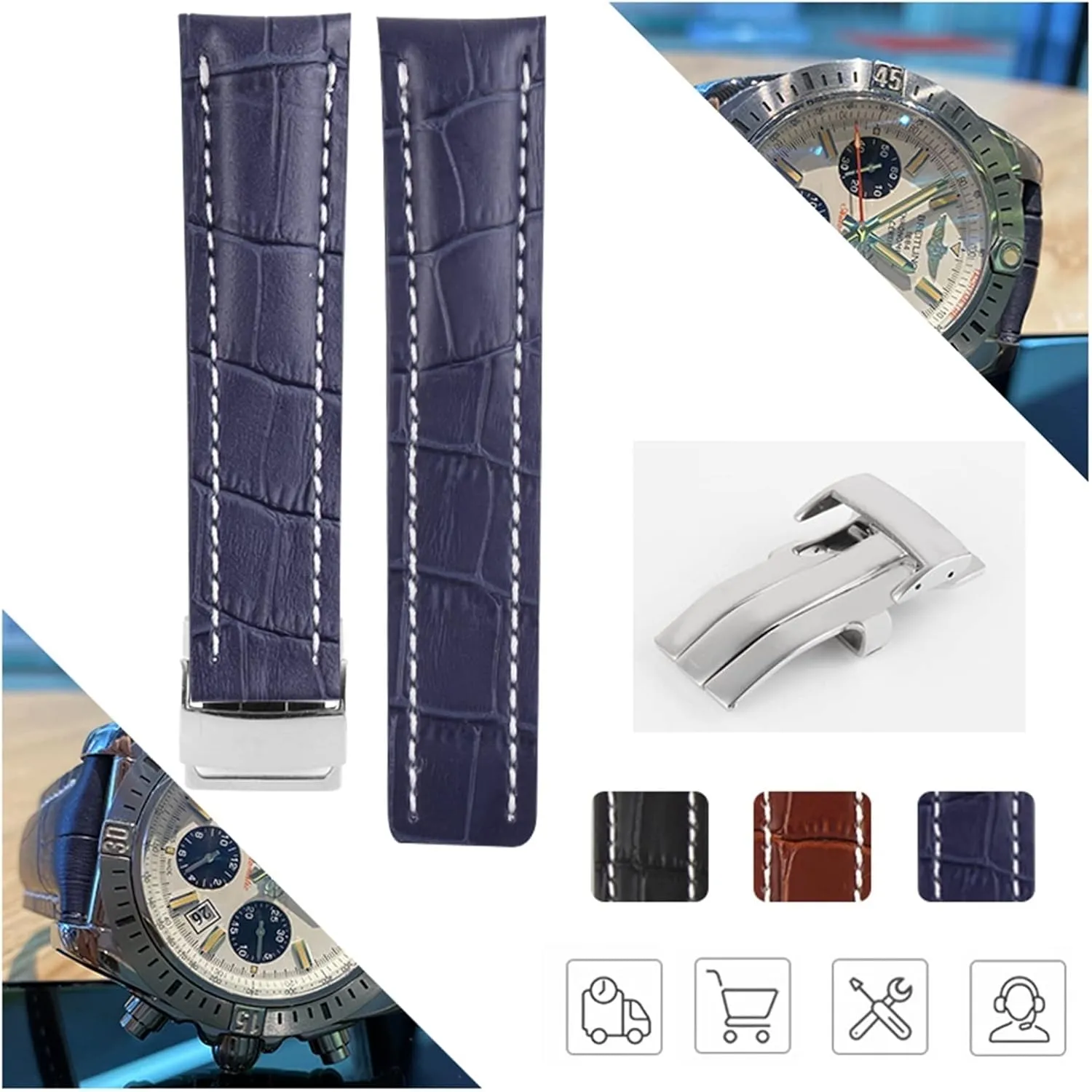 Fashion Genuine Leather Watch Band For Breitling Folding Buckle Strap Luxury Wrist Bracelet Replacement Watch Accessories Parts