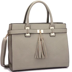 Faux Leather Double Tassel Satchel with Shoulder Strap