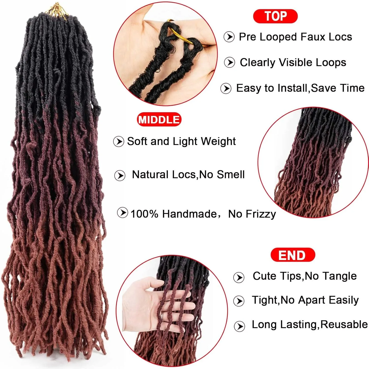 Faux Locs Crochet Hair Soft Locs Hair Long 24 Inch 6 Packs Ombre Goddess Locs Crochet Braids Black/Burgundy/Orange Pre Looped Dreads Braiding Hair(24",6packs,T1B/530/350#)