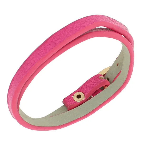 Faux Pink Leather Rose Gold-Tone CZ Belt Buckle Wristband Wrap Bracelet