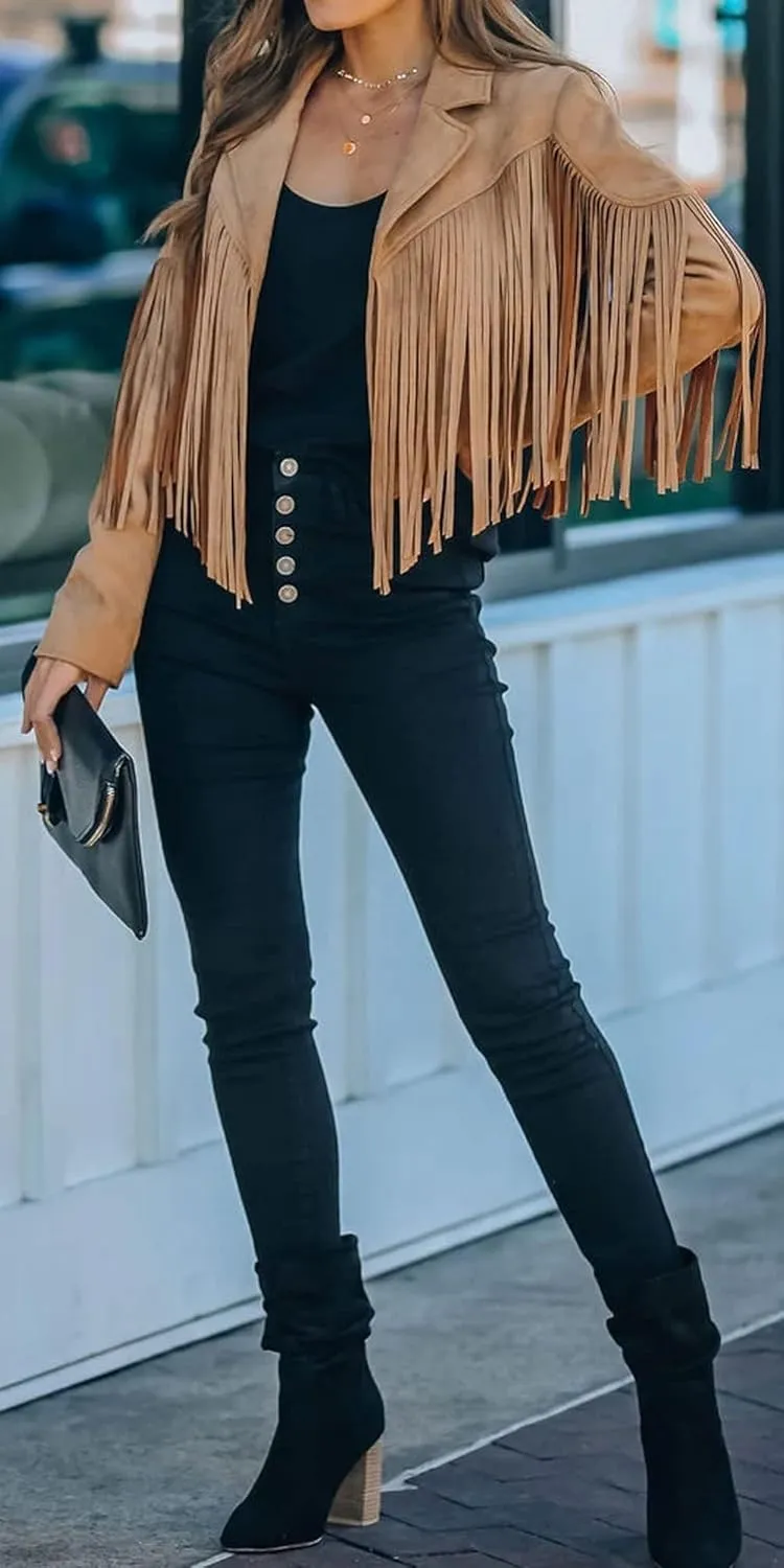 Faux Suede Leather Jackets For Women Trendy Fall Western Fringe Cropped Jacket 2025 Tassel Motorcycle Crop Coats