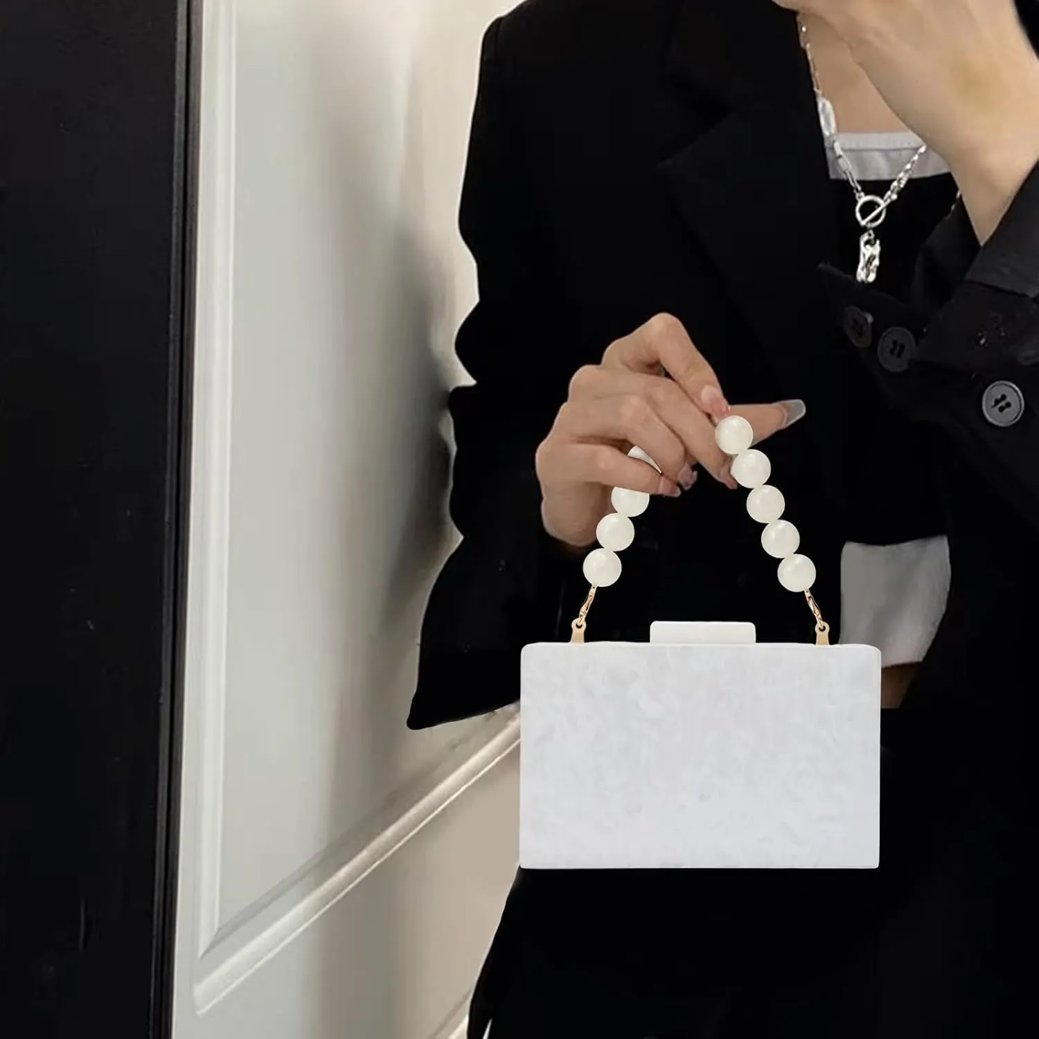 Fecialy Women Acrylic Clutch Purse Beads Evening Handbag Marble Clutch Formal Party Bridal Wedding Crossbody Bag