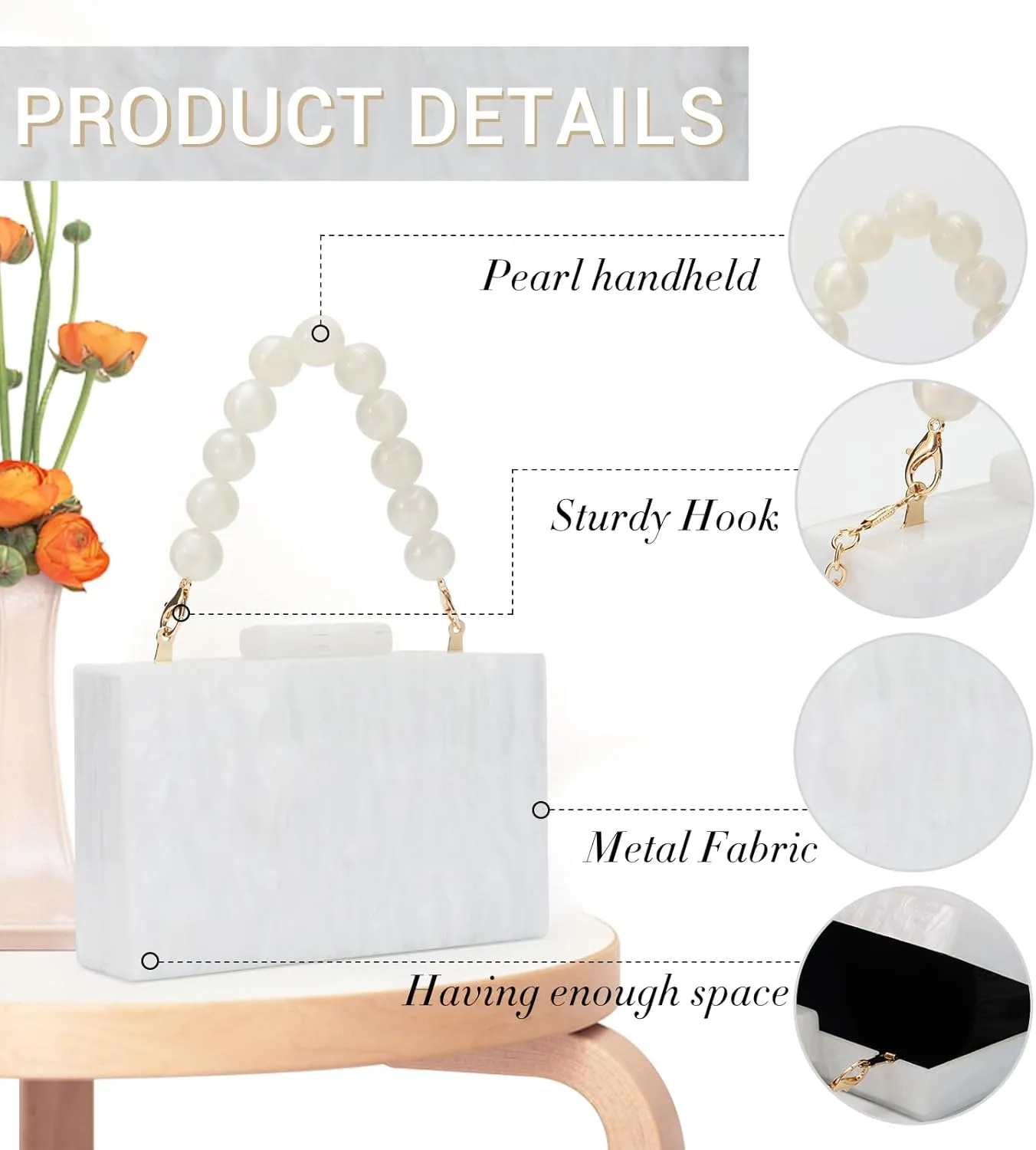 Fecialy Women Acrylic Clutch Purse Beads Evening Handbag Marble Clutch Formal Party Bridal Wedding Crossbody Bag