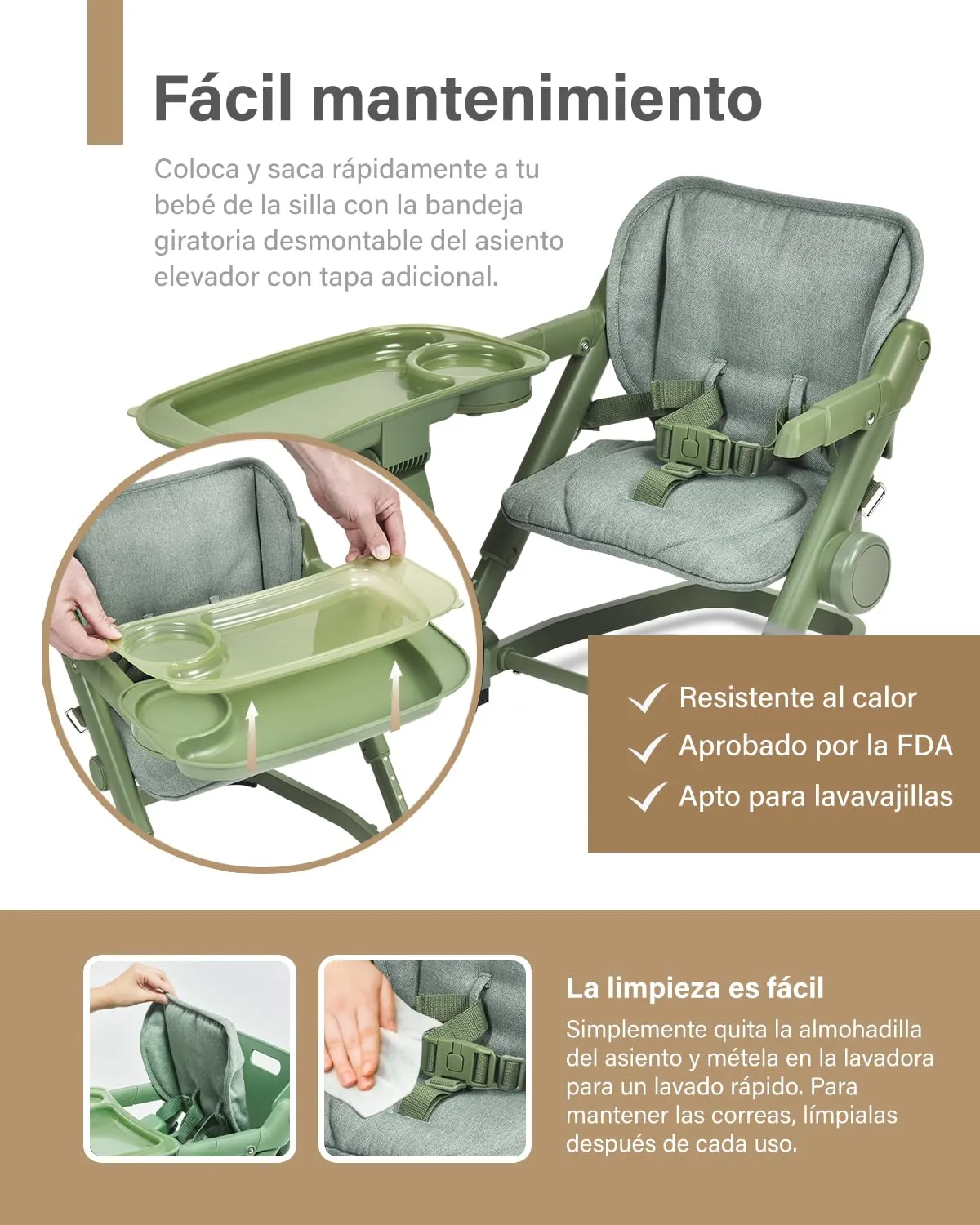 Feed Me 3-in-1 Travel High Chair Booster Seat for Infants and Toddlers - Transitional, Compact & Fits Any Chair, Swivel Tray, Avocado Green