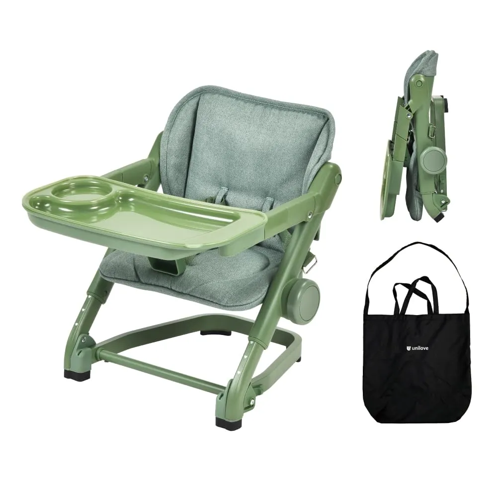 Feed Me 3-in-1 Travel High Chair Booster Seat for Infants and Toddlers - Transitional, Compact & Fits Any Chair, Swivel Tray, Avocado Green