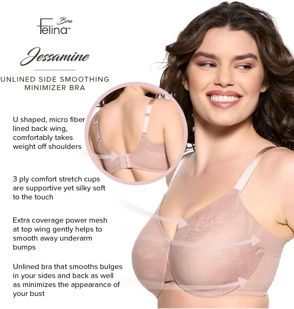 Felina Jessamine Unlined Minimizer Bra - Comfortable Full Coverage Women's Lace Bra