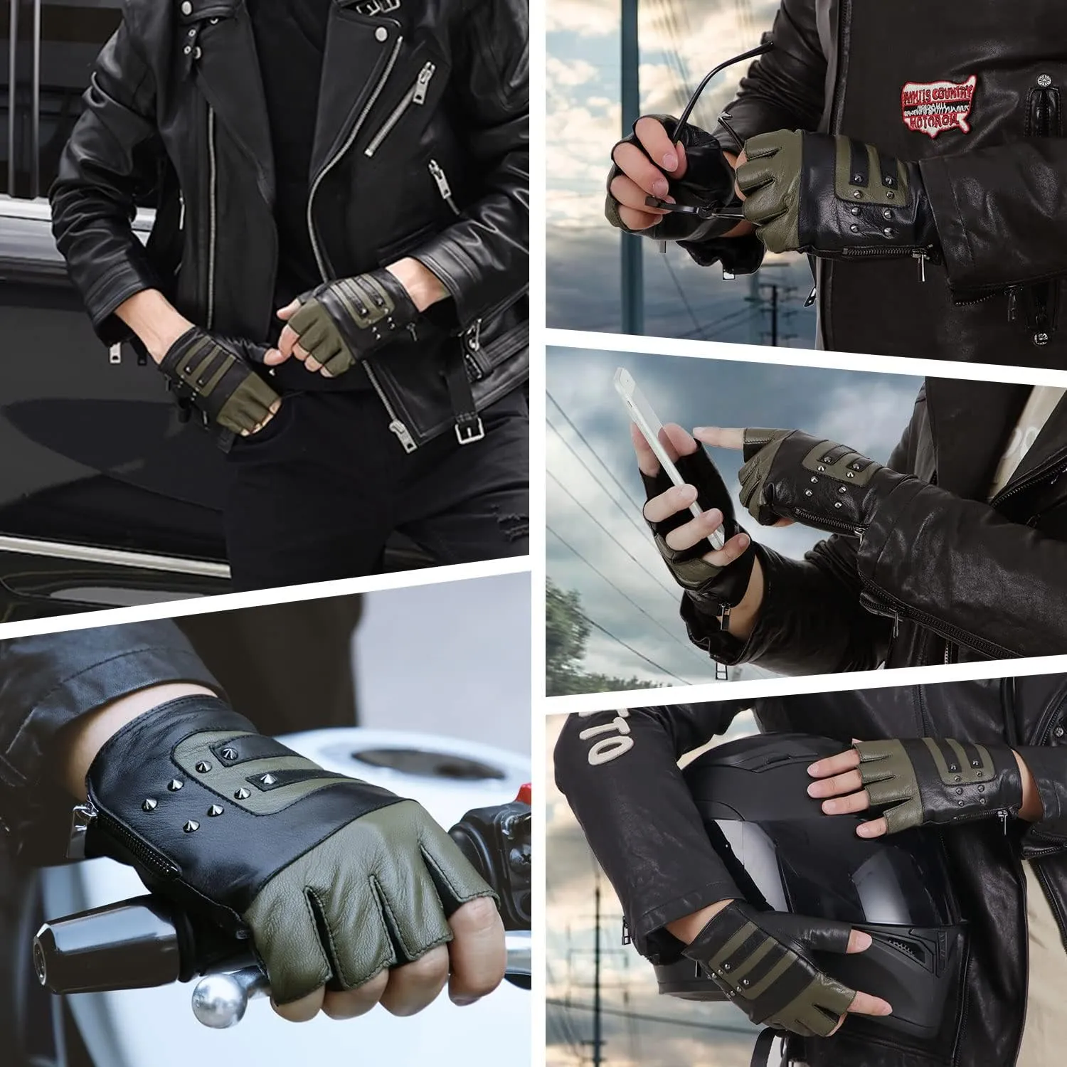 FIORETTO Mens Genuine Leather Fingerless Gloves Unlined Half Finger Punk Gloves for Driving Cycling Motorcycle M200801