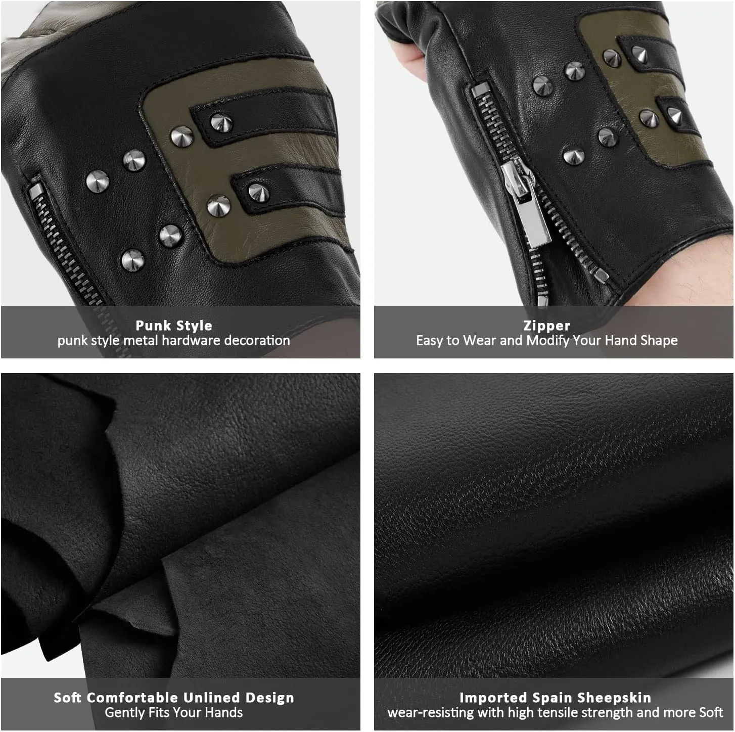 FIORETTO Mens Genuine Leather Fingerless Gloves Unlined Half Finger Punk Gloves for Driving Cycling Motorcycle M200801