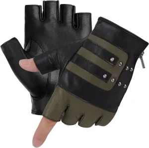 FIORETTO Mens Genuine Leather Fingerless Gloves Unlined Half Finger Punk Gloves for Driving Cycling Motorcycle M200801