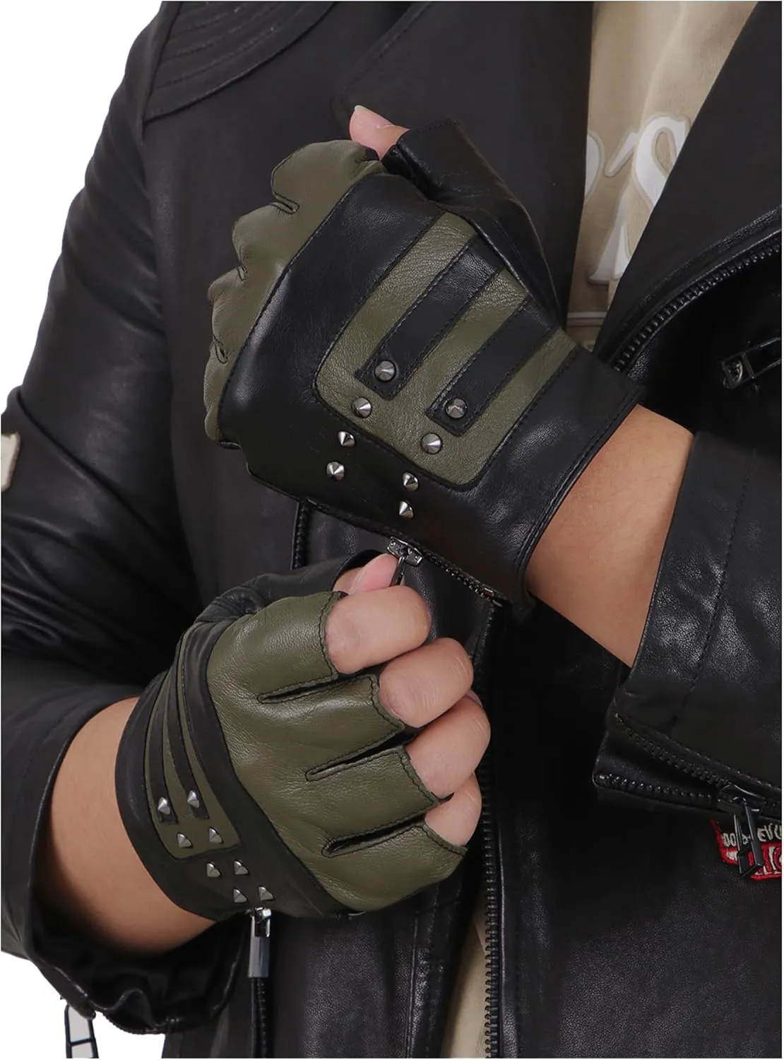 FIORETTO Mens Genuine Leather Fingerless Gloves Unlined Half Finger Punk Gloves for Driving Cycling Motorcycle M200801