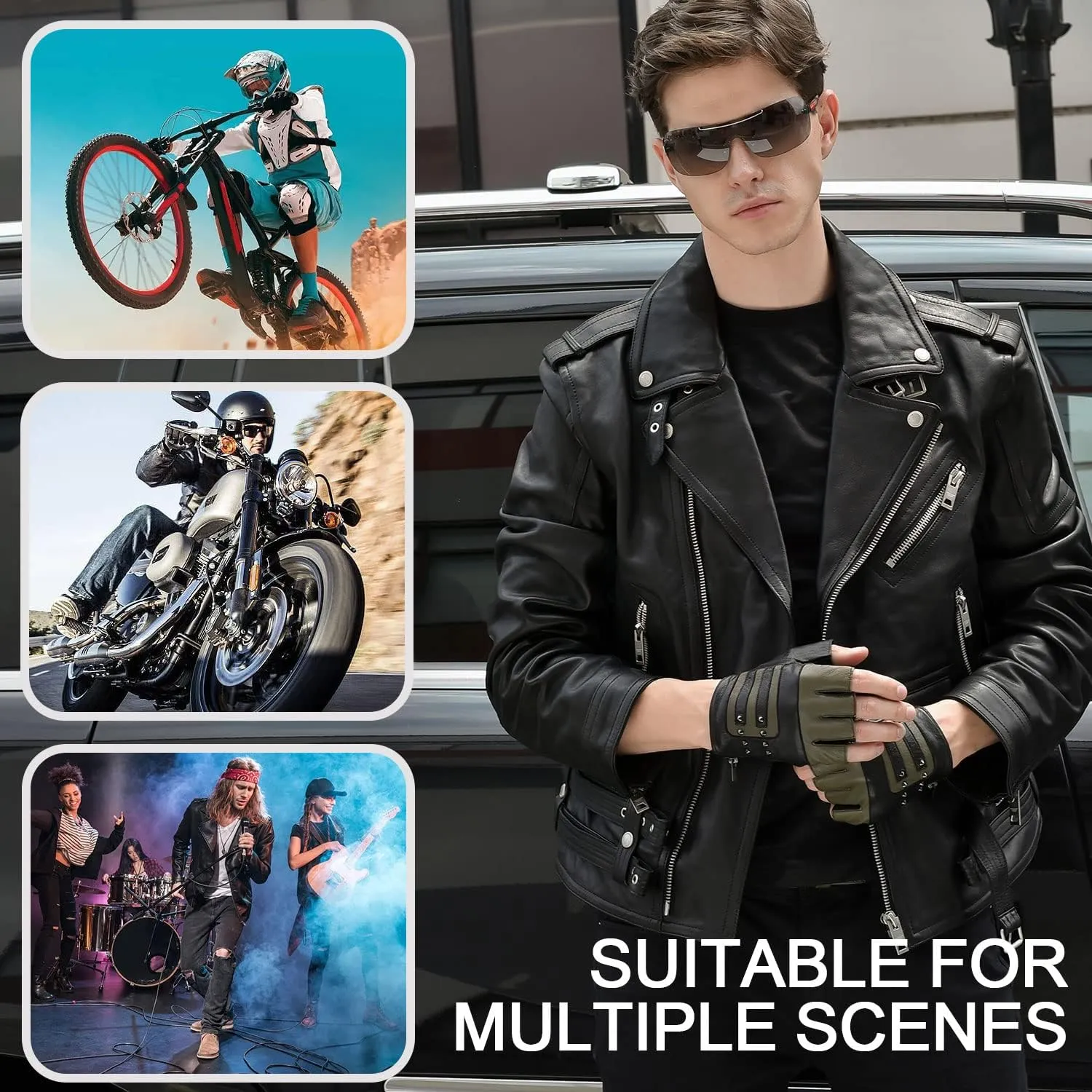 FIORETTO Mens Genuine Leather Fingerless Gloves Unlined Half Finger Punk Gloves for Driving Cycling Motorcycle M200801