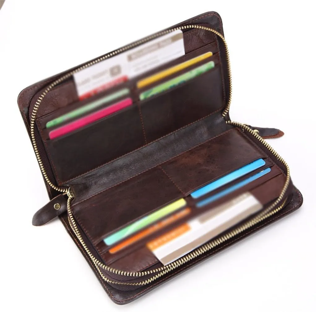 First Layer Leather Men's Wallet Long Waxed Cowhide Zip Bag Vintage Men's Bag(E)