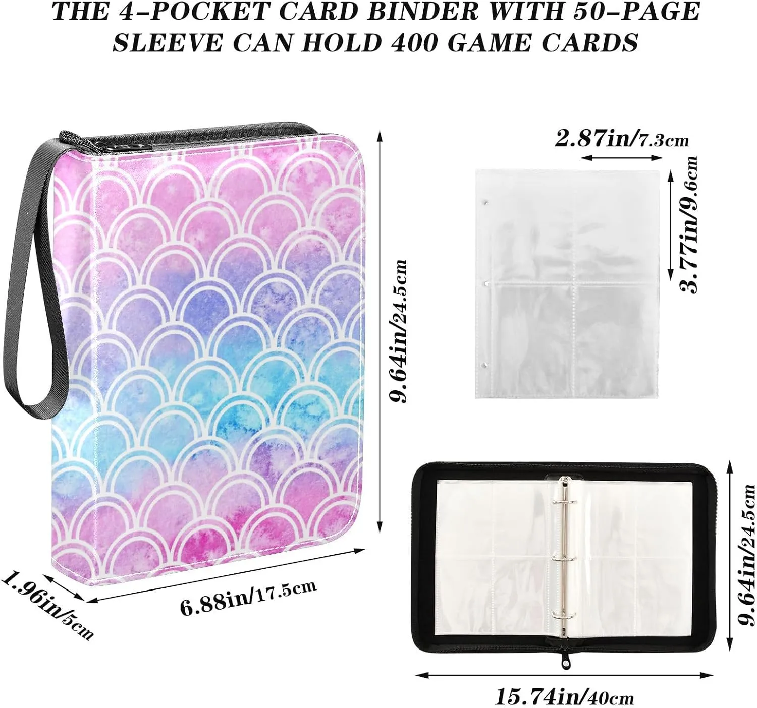 Fish Scale Mermaid Gradient Card Binder 4 Pocket Zipper PU Trading Card Album Fits 400 Game Cards 50 Removable Sleeves Card Folder Collection for Baseball MTG TCG Sports Cards