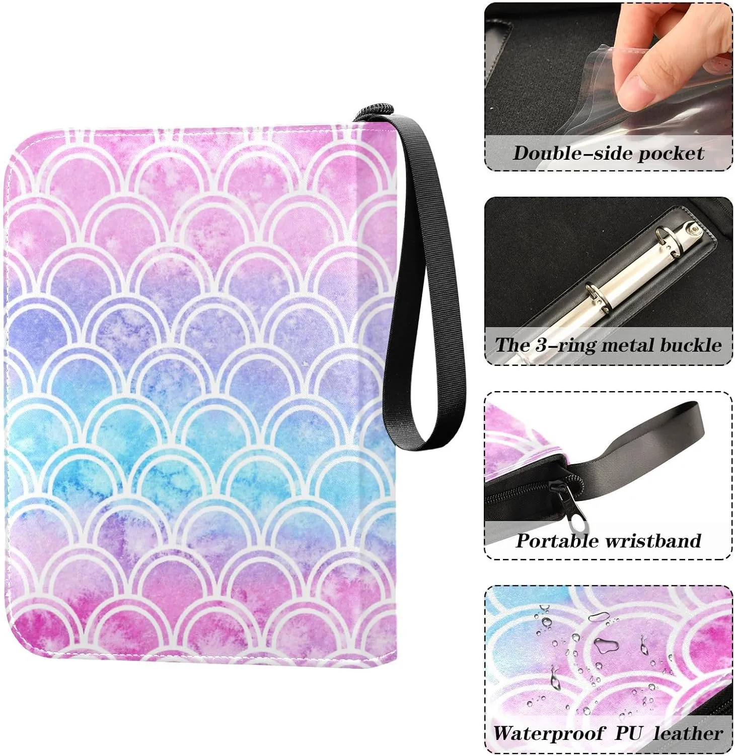 Fish Scale Mermaid Gradient Card Binder 4 Pocket Zipper PU Trading Card Album Fits 400 Game Cards 50 Removable Sleeves Card Folder Collection for Baseball MTG TCG Sports Cards