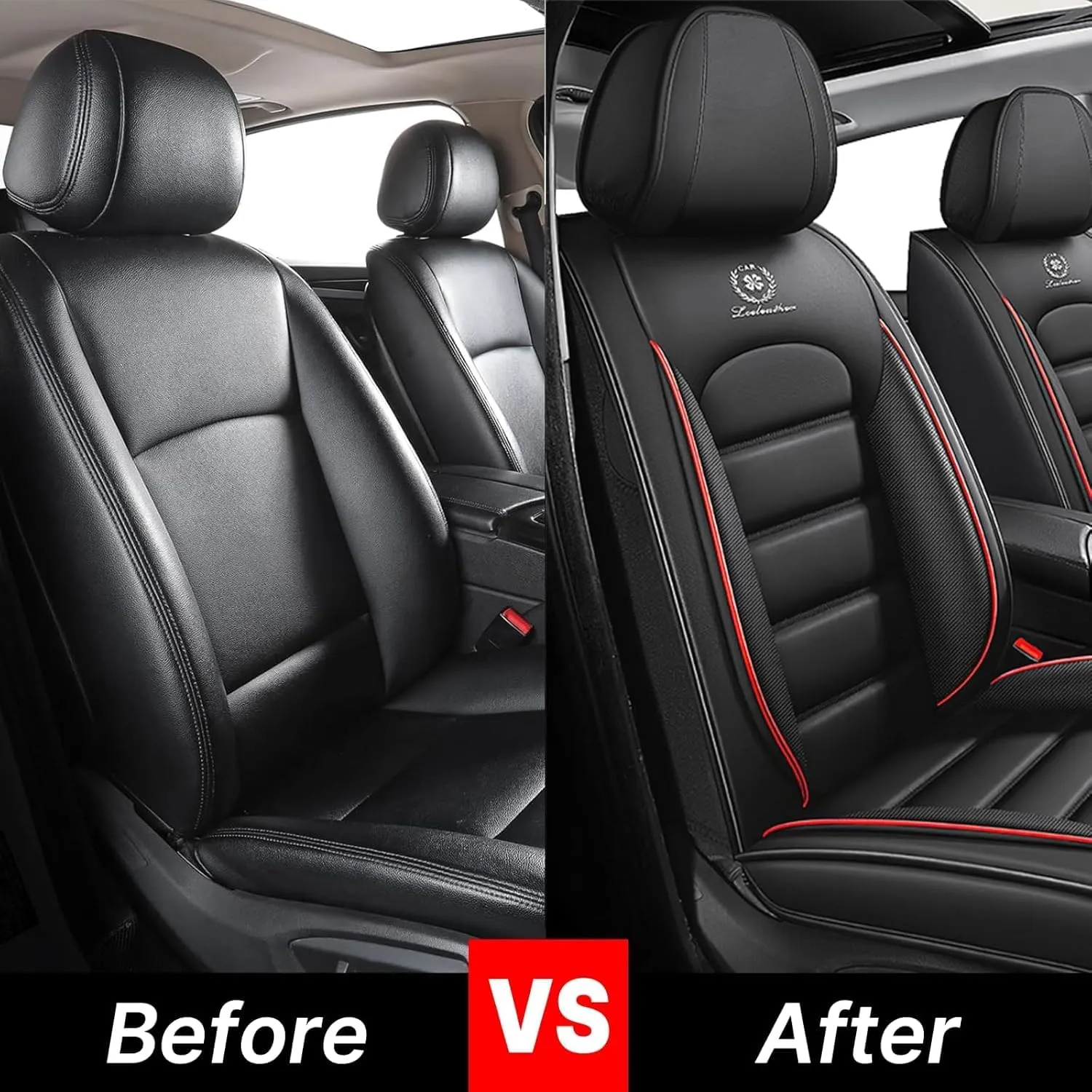 Fit for 98% of Ford Car Seat Covers, Full Surround Faux Leather Anti-Slip Waterproof Auto Seat Cover(Black&Red,Front Set)