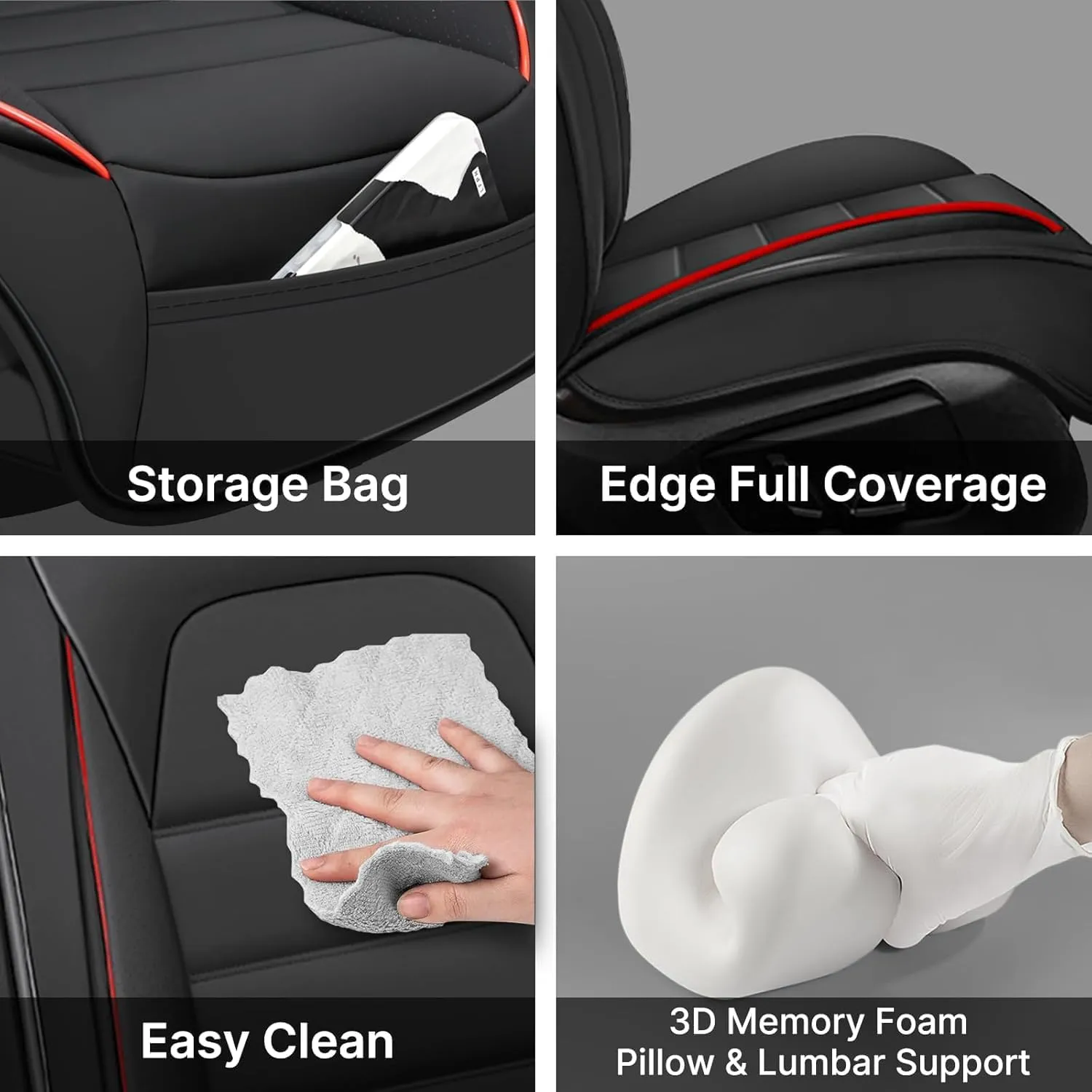 Fit for 98% of Ford Car Seat Covers, Full Surround Faux Leather Anti-Slip Waterproof Auto Seat Cover(Black&Red,Front Set)