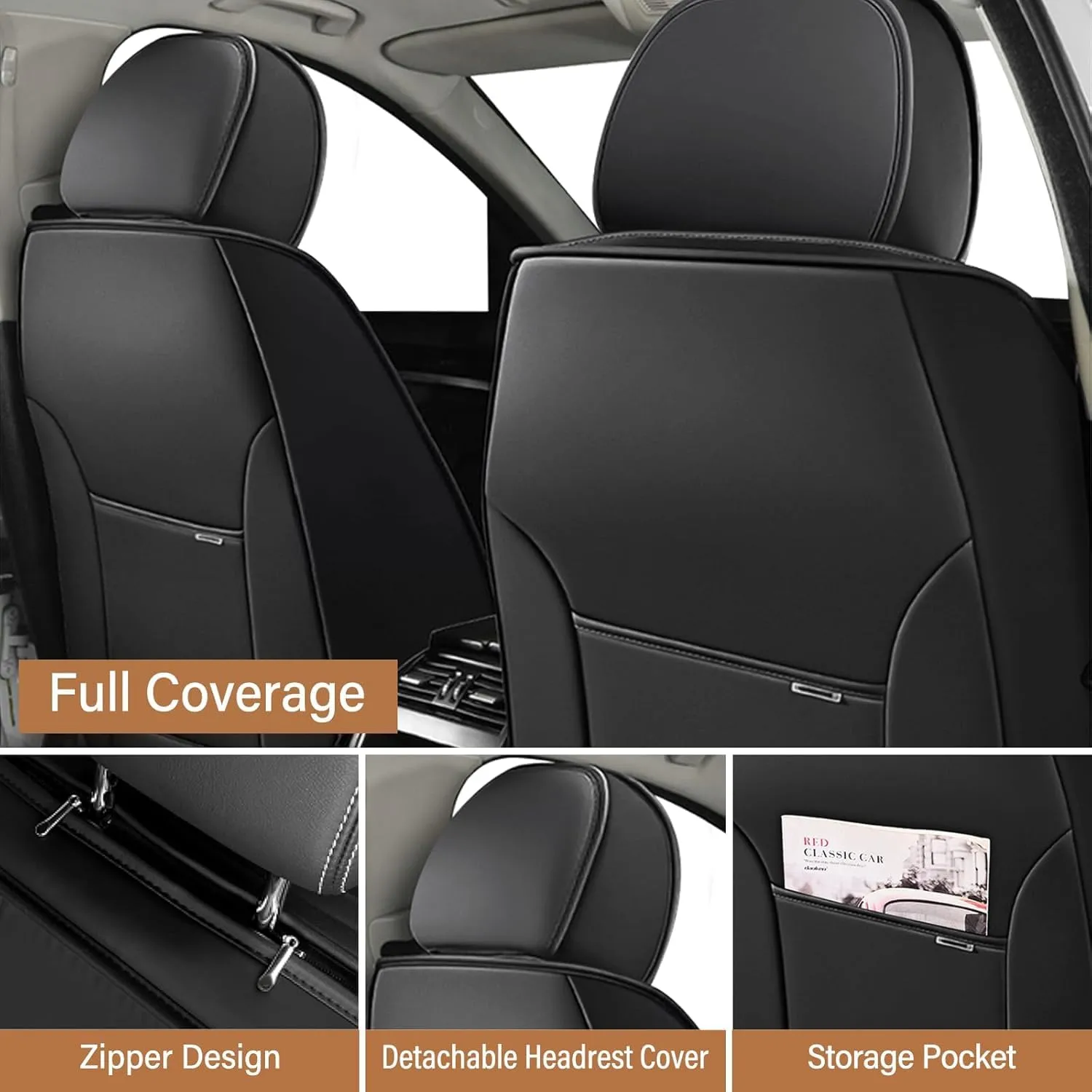 Fit for 98% of Ford Car Seat Covers, Full Surround Faux Leather Anti-Slip Waterproof Auto Seat Cover(Black&Red,Front Set)