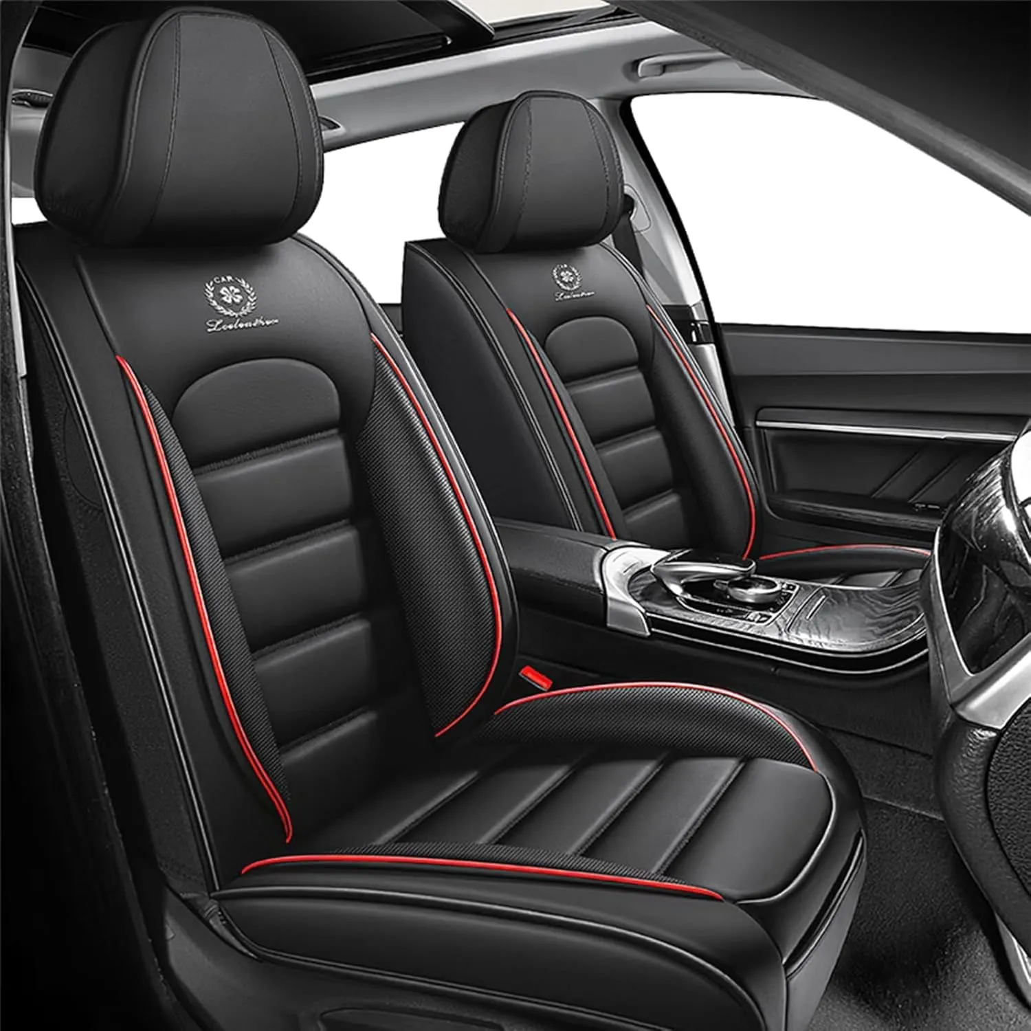 Fit for 98% of Ford Car Seat Covers, Full Surround Faux Leather Anti-Slip Waterproof Auto Seat Cover(Black&Red,Front Set)
