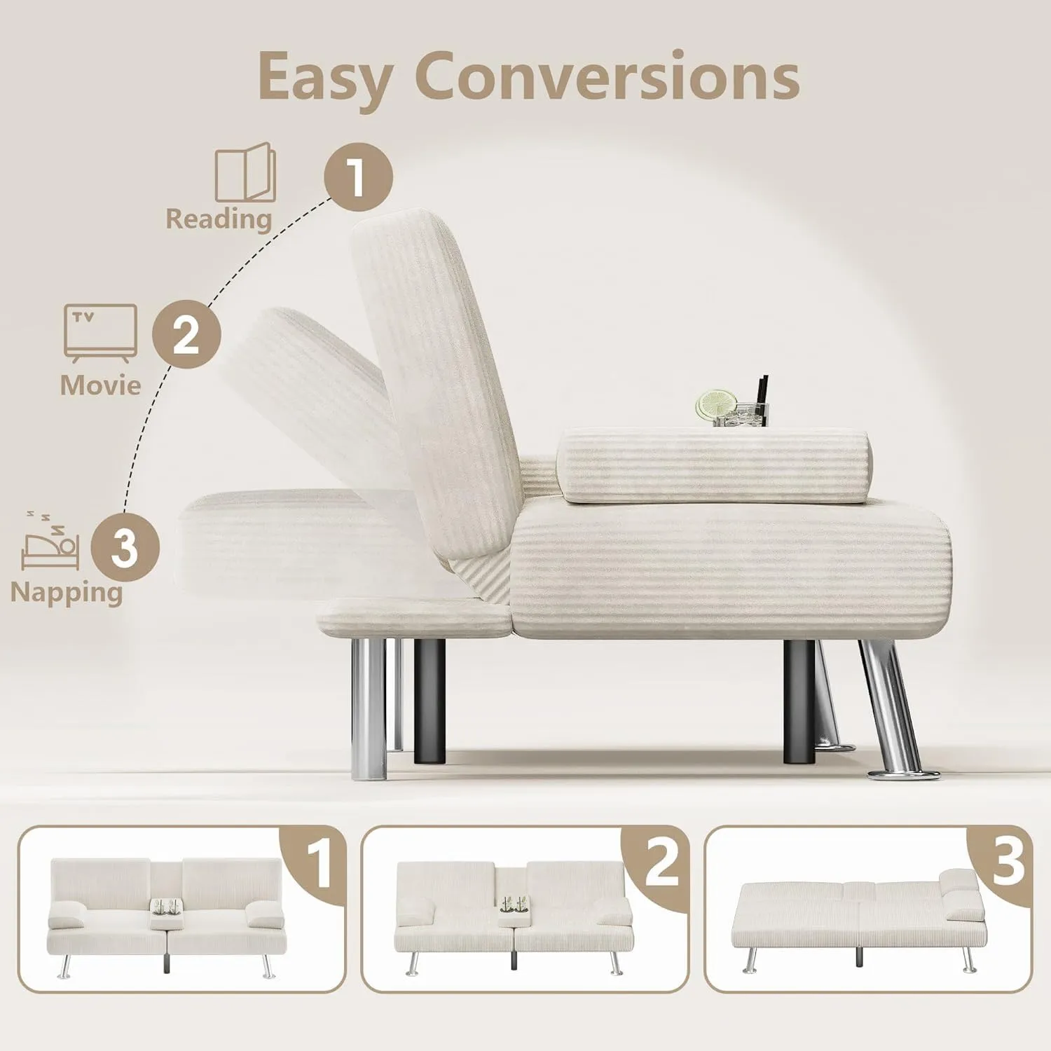 Flamaker Futon Sofa Bed Modern Folding Futon Set Convertible Recliner Lounge for Living Room with 2 Cup Holders, Removable Armrests (Corduroy, Wihte)