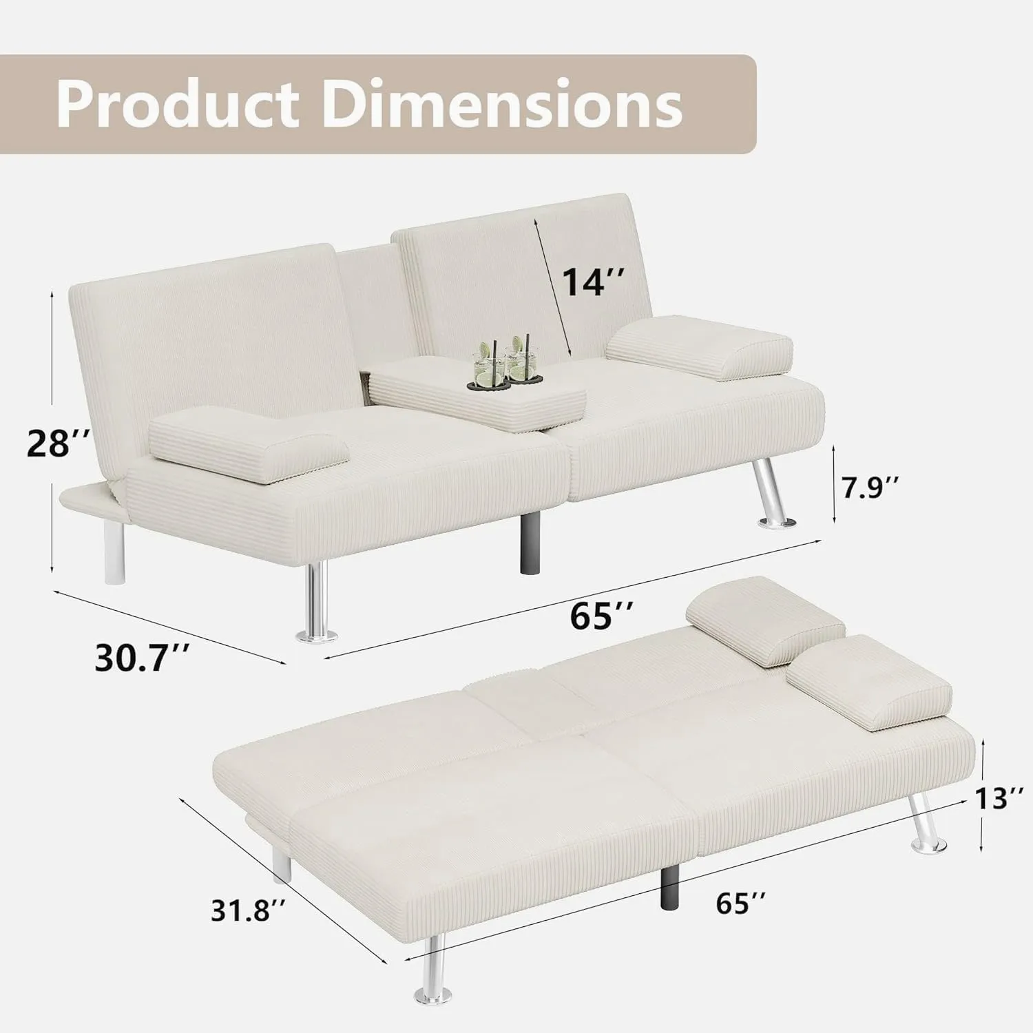 Flamaker Futon Sofa Bed Modern Folding Futon Set Convertible Recliner Lounge for Living Room with 2 Cup Holders, Removable Armrests (Corduroy, Wihte)