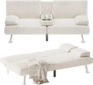 Flamaker Futon Sofa Bed Modern Folding Futon Set Convertible Recliner Lounge for Living Room with 2 Cup Holders, Removable Armrests (Corduroy, Wihte)
