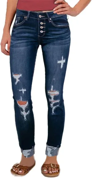 Flamingals Low Waisted Ripped Crosshatch Bootcut Skinny Leg Button Fly Denim Jeans for Women