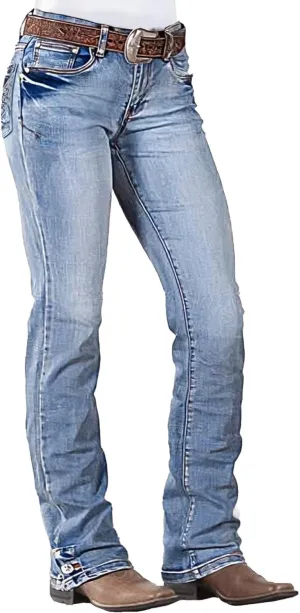 Flamingals Mid Waist Boot Cut Jeans for Women Straight Leg Jeans Cowgirl Trendy Jeans Denim Pants