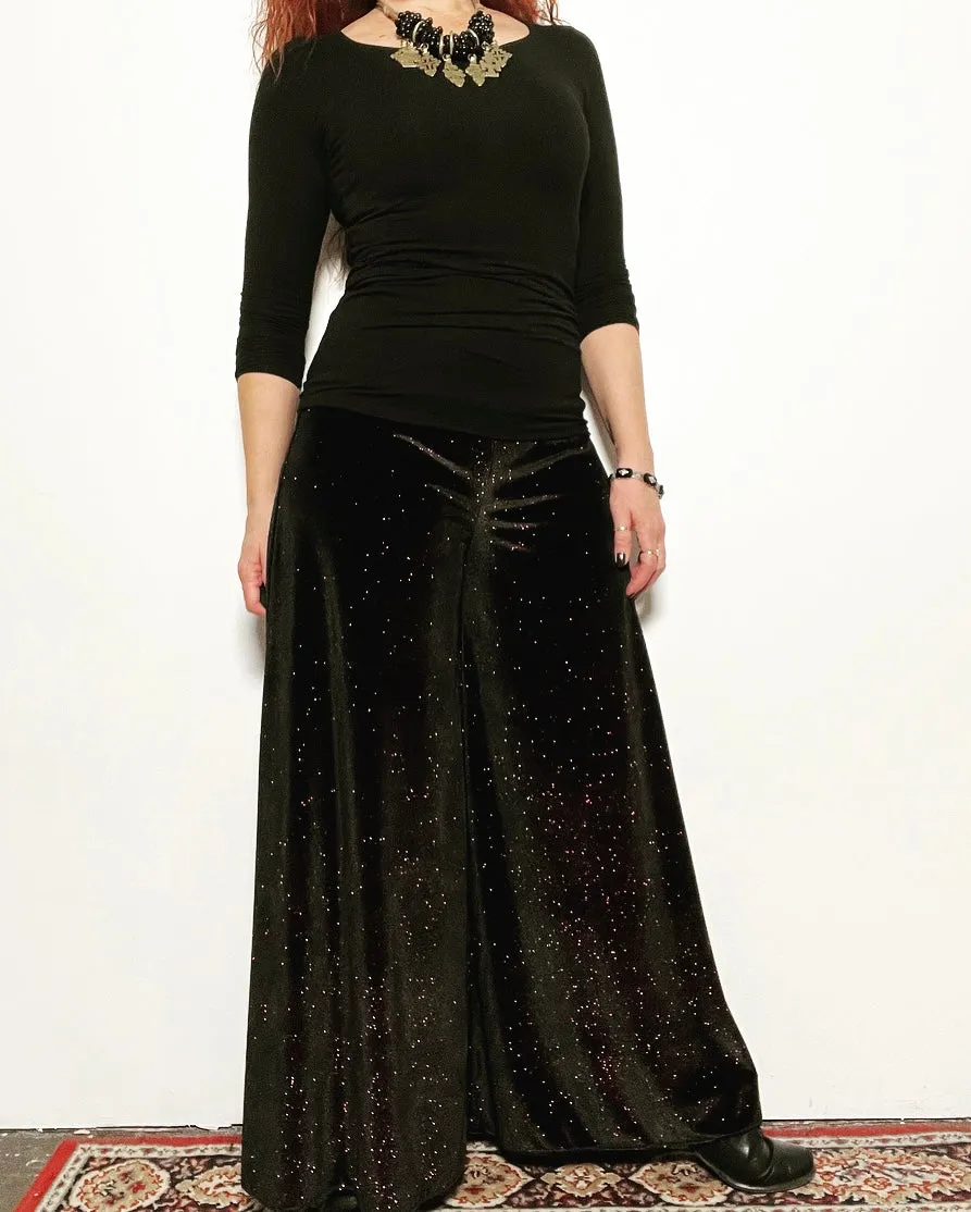 Flared Pant - Black Stretch Velour With Pink Sparkle