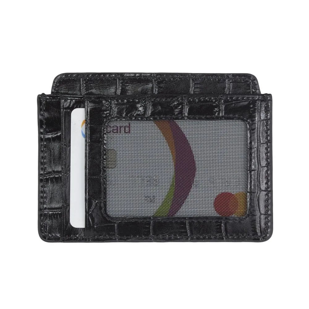 Flat Credit Card Case With ID Window - Black Croc-Effect