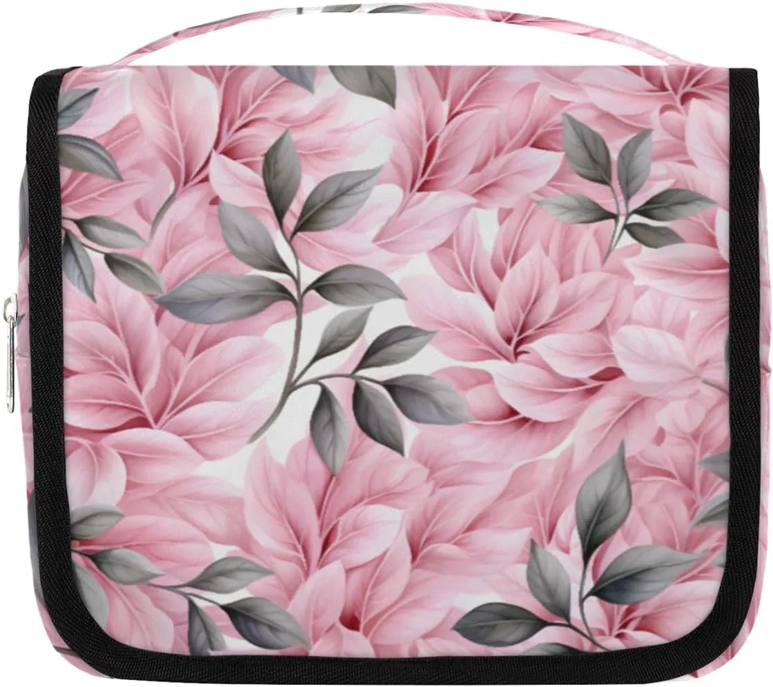 Floral Flowers Hanging Travel Toiletry Bag Kit Makeup Case Cosmetics Organizer Leaves Toiletry Bag for Women Make up Accessories Shampoo Body Cream Brushes Set
