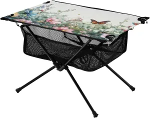 Flowers and Butterflies Portable Folding Camping Table, Compact Lightweight Beach Table with Carrying Bag for Outdoor Picnics, BBQs, Camp