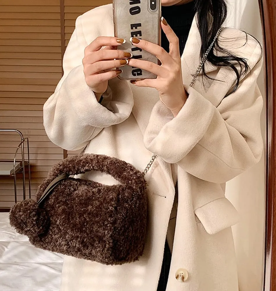 Fluffy Faux Fur Purses for Women Cute Furry Crossbody Shoulder Bags Small Fuzzy Tote Bag Handbag with Chain